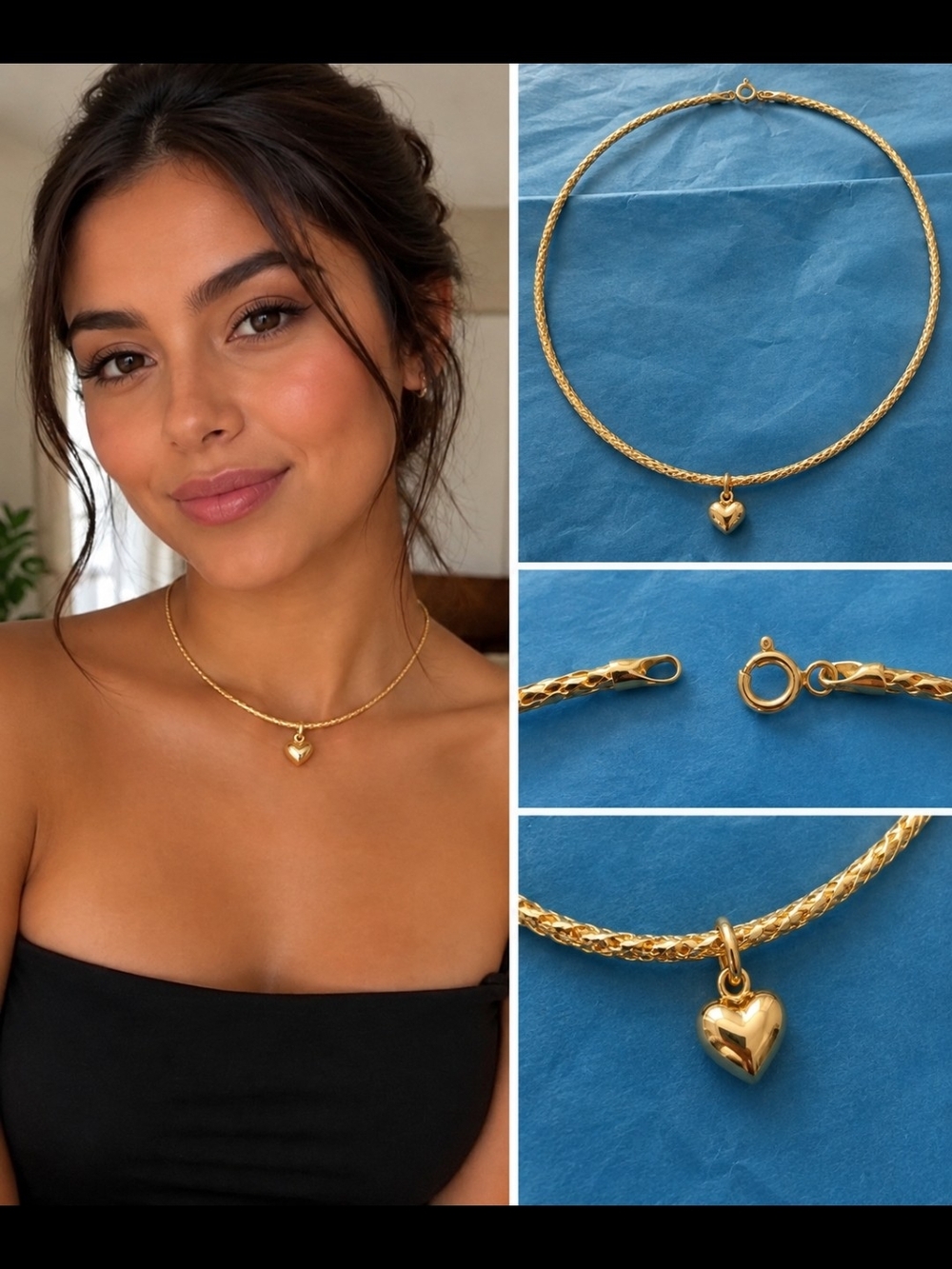 Gold Heart Pendant Omega Chain Necklace - Women Jewelry
